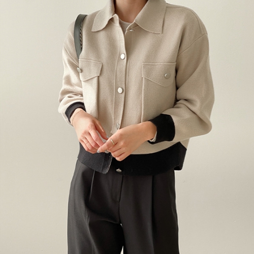 Pocket Color Matching Collar Cardigan