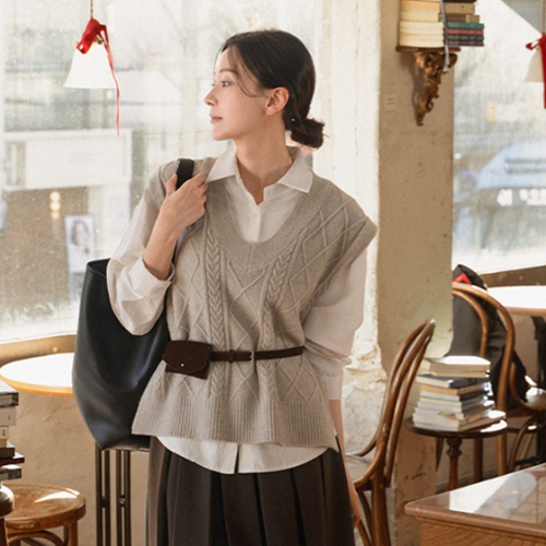 Cable Wool Knitwear Vest Shirt Set