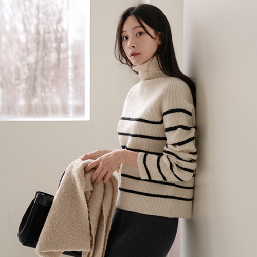 High Turtleneck Warm horizontal striped Knitwear