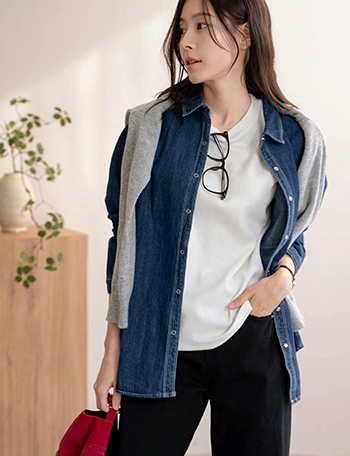 Stitch Snap Denim Shirt Korea