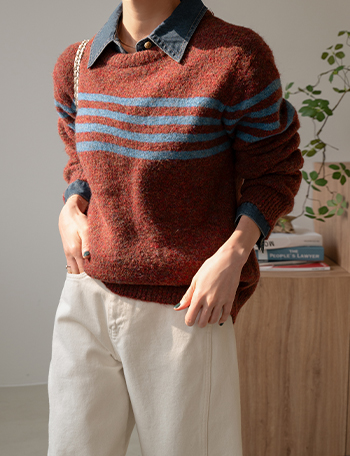 Bokashi Color matching horizontal Striped Knitwear Korea