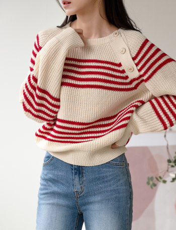 And horizontal striped Button Knitwear Korea
