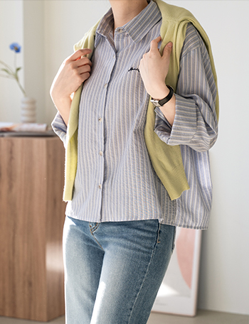 Lettering Embroidery Stripe Shirt Korea