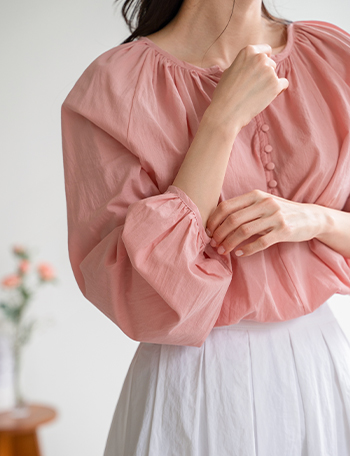 Bean Button Shirring Balloon Blouse Korea