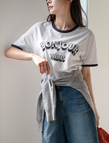 Bonjour Color Matching Lettering T-shirt Korea