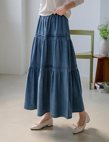 Denim Frill Banding Long Skirt Korea