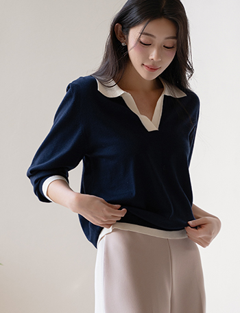 3/4 sleeve Collar Color matching Knitwear Korea