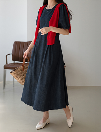 Coco Puff String Denim Dress Korea