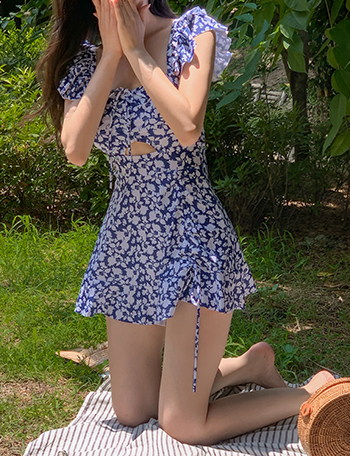 Flower shirring dress swimsuit Korea