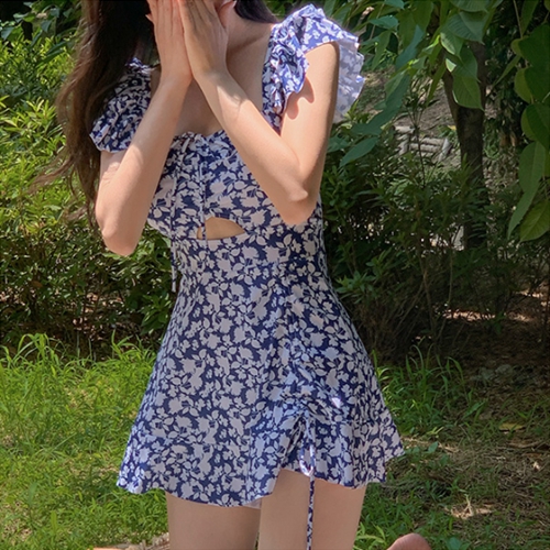 Flower shirring dress swimsuit