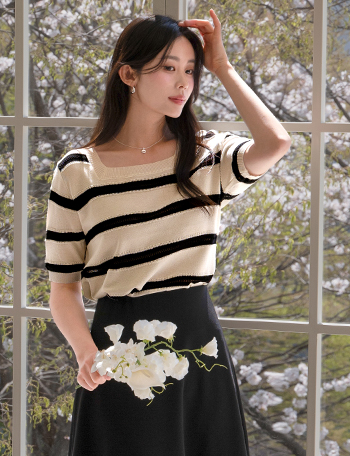 Square neck horizontal striped Knitwear Korea