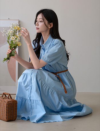 Belt Shirring Short-sleeve Dress Korea