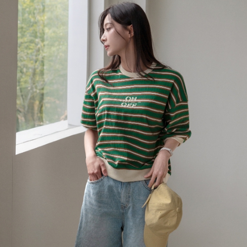 Horizontal striped Color matching Short-sleeveSweatshirt