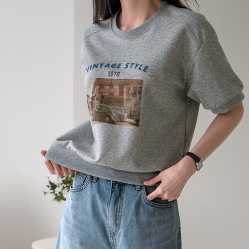 Vintage Printing Short-sleeve Sweatshirt