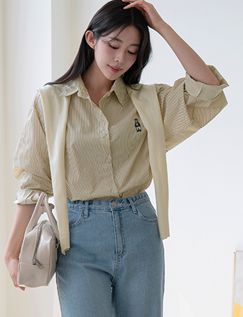 Bear Embroidery Shawl Set Shirt Korea