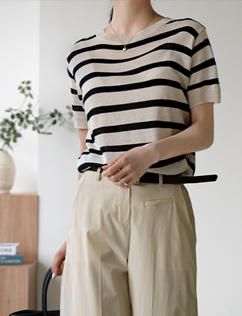 Soba Linen horizontal striped Short-sleeve Knitwear Korea