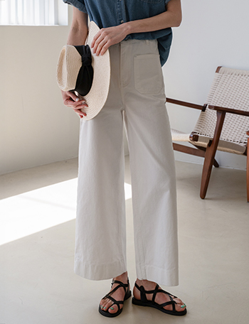 White Wide Front Pocket Pants Korea