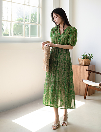 Flower V-neck Printing Dress Korea