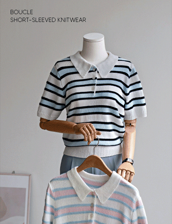 Boucle horizontal striped Collar Short-sleeve Knitwear Korea