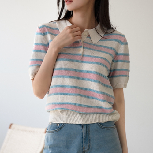 Boucle horizontal striped Collar Short-sleeve Knitwear
