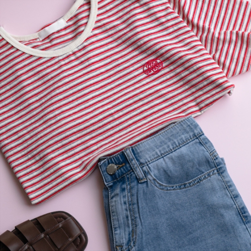 Embroidery horizontal striped Short-sleeve T-shirt