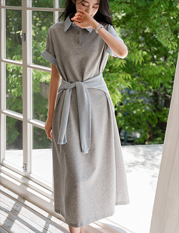 Stripe Color Matching Collar Dress Korea