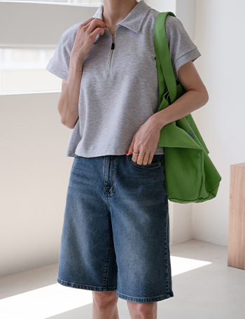 With Collar Zip up Short-sleeve T-shirt Korea