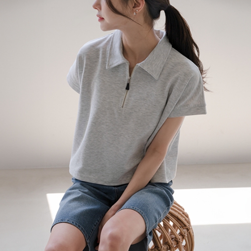 With Collar Zip up Short-sleeve T-shirt