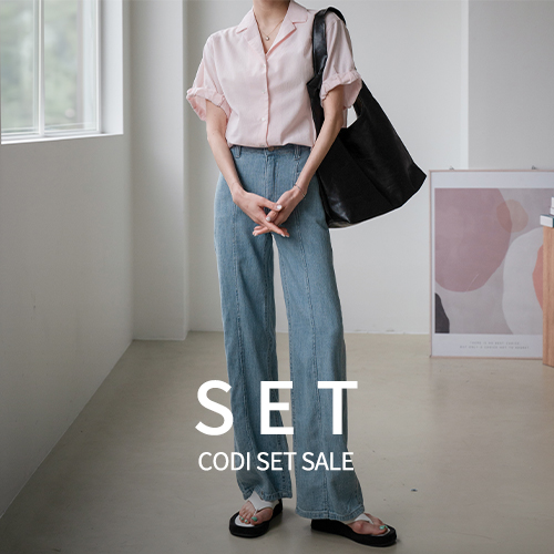 [Codi set] Enne Linen Rollup Short-sleeve Shirt+Summer Incision Wide Denim Pants