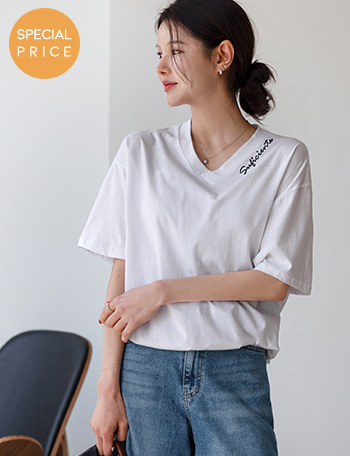 [Special Sale] Silket V Embroidery Short-sleeve T-shirt Korea