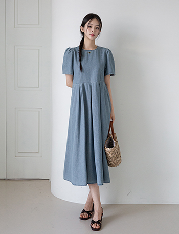 Back Button Denim Dress Korea