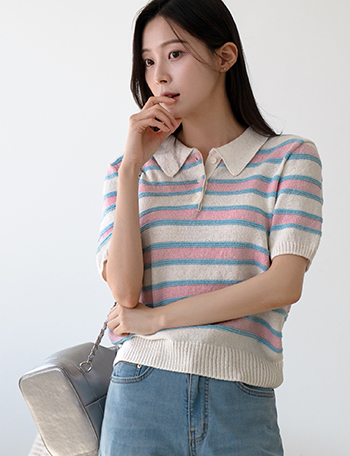 Boucle horizontal striped Collar Short-sleeve Knitwear Korea