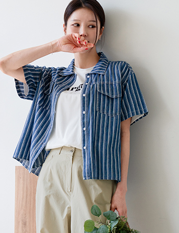 Stripe Denim Short-sleeve Shirt Korea