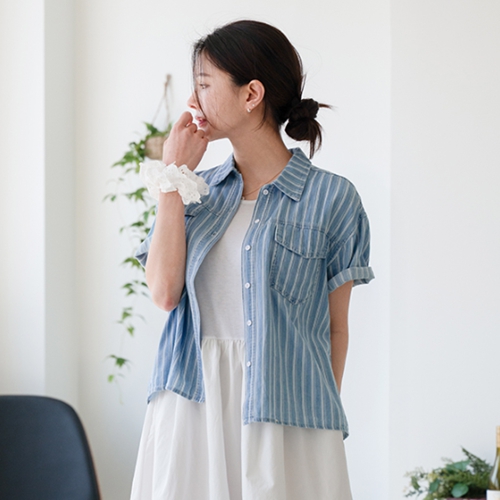 Stripe Denim Short-sleeve Shirt