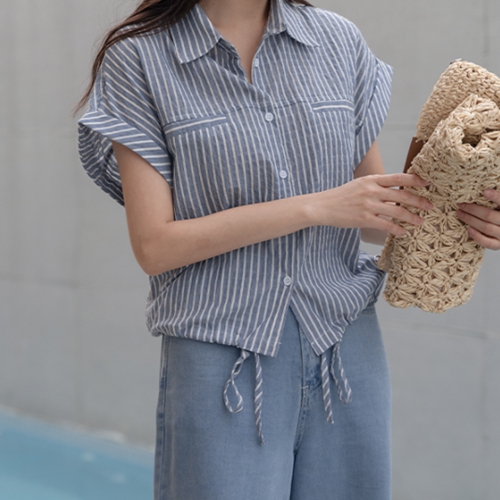 캡소매 Stripe String Shirt