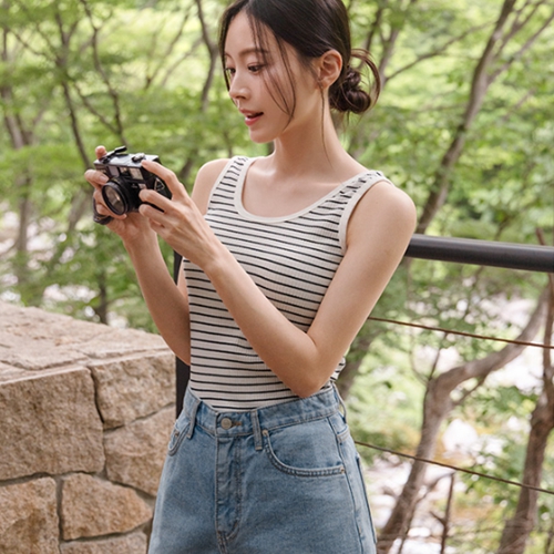 Horizontal striped Span Cotton Sleeveless shirts