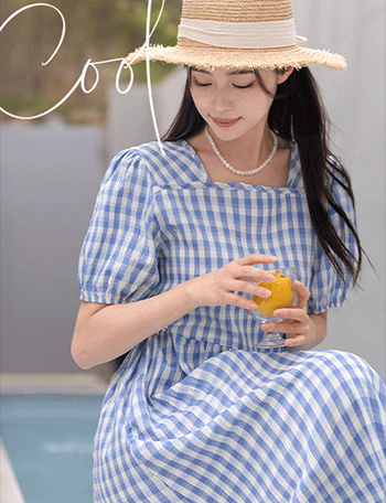 Cool Square Neck Check Dress Korea