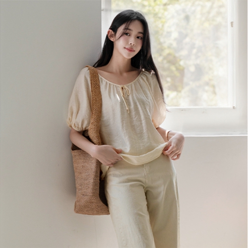 Shirring Two-way Puff Blouse
