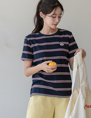 Embroidery Multi Horizontal striped Short-sleeve T-shirt Korea