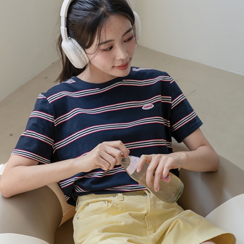 Embroidery Multi Horizontal striped Short-sleeve T-shirt