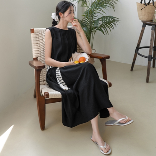 [Special Sale] Linen Pintuck Sleeveless Shirts Long Dress