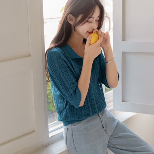 Korean paper Collar Wave 3/4 sleeve Knitwear