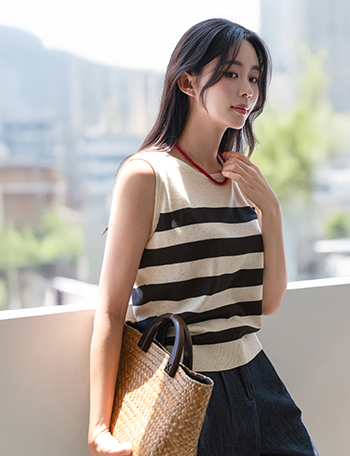 Cool Horizontal striped Knitwear Sleeveless shirts Korea