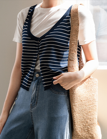 Horizontal Striped Knitwear Bustier Short-sleeve Set Korea