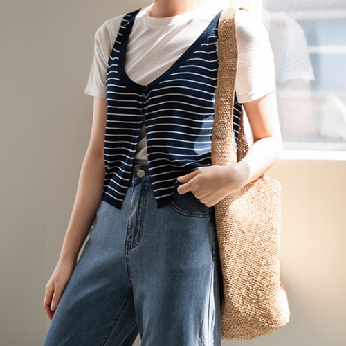 Horizontal Striped Knitwear Bustier Short-sleeve Set