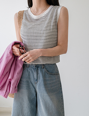 Lux Linen Stripe Sleeveless shirts Korea