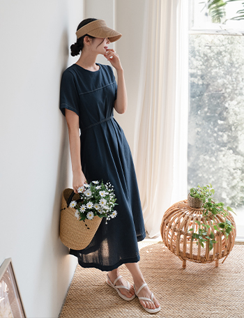 Linen Stitch Pintuck String Dress Korea