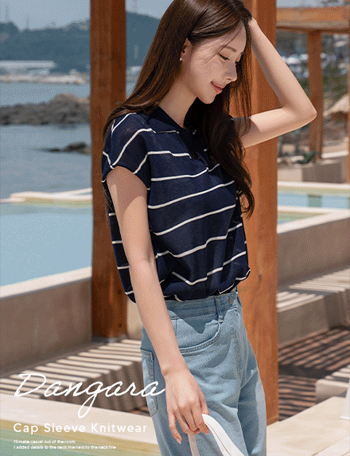 Collar Horizontal striped Cap Sleeve Knitwear Korea