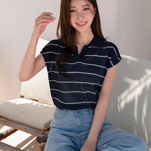 Collar Horizontal striped Cap Sleeve Knitwear