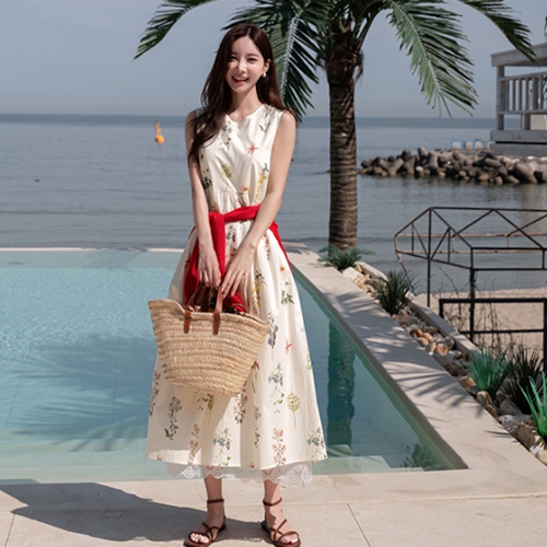 Flower Printed Sleeveless shirts Lace Long Dess